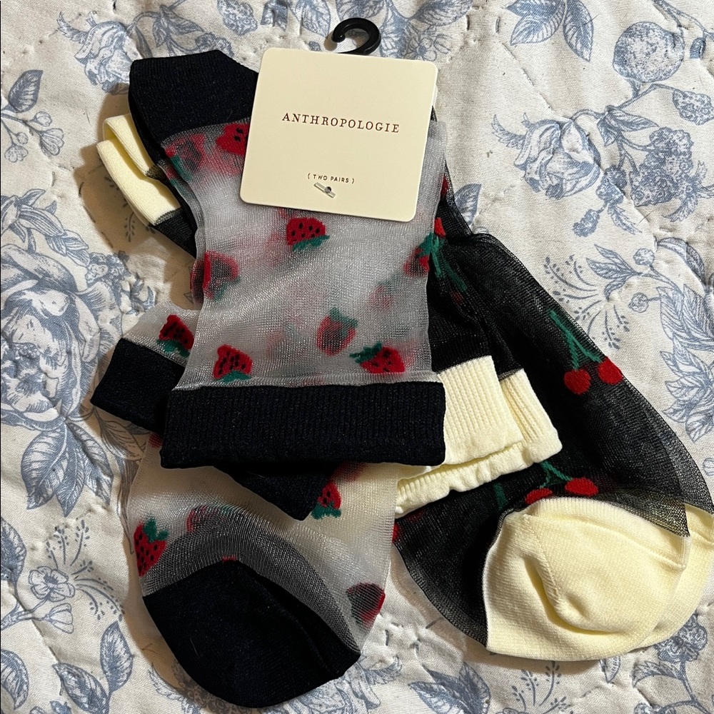 2pk 🍓🍒Anthropologie Sheer Sock, OS fruit print
